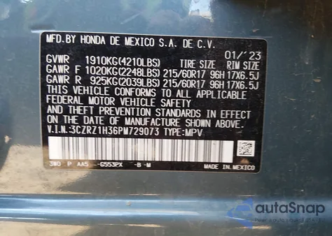 2023 Honda Hr-V 2Wd Lx z USA, uszkodzony, nr VIN 3CZRZ1H36PM729073